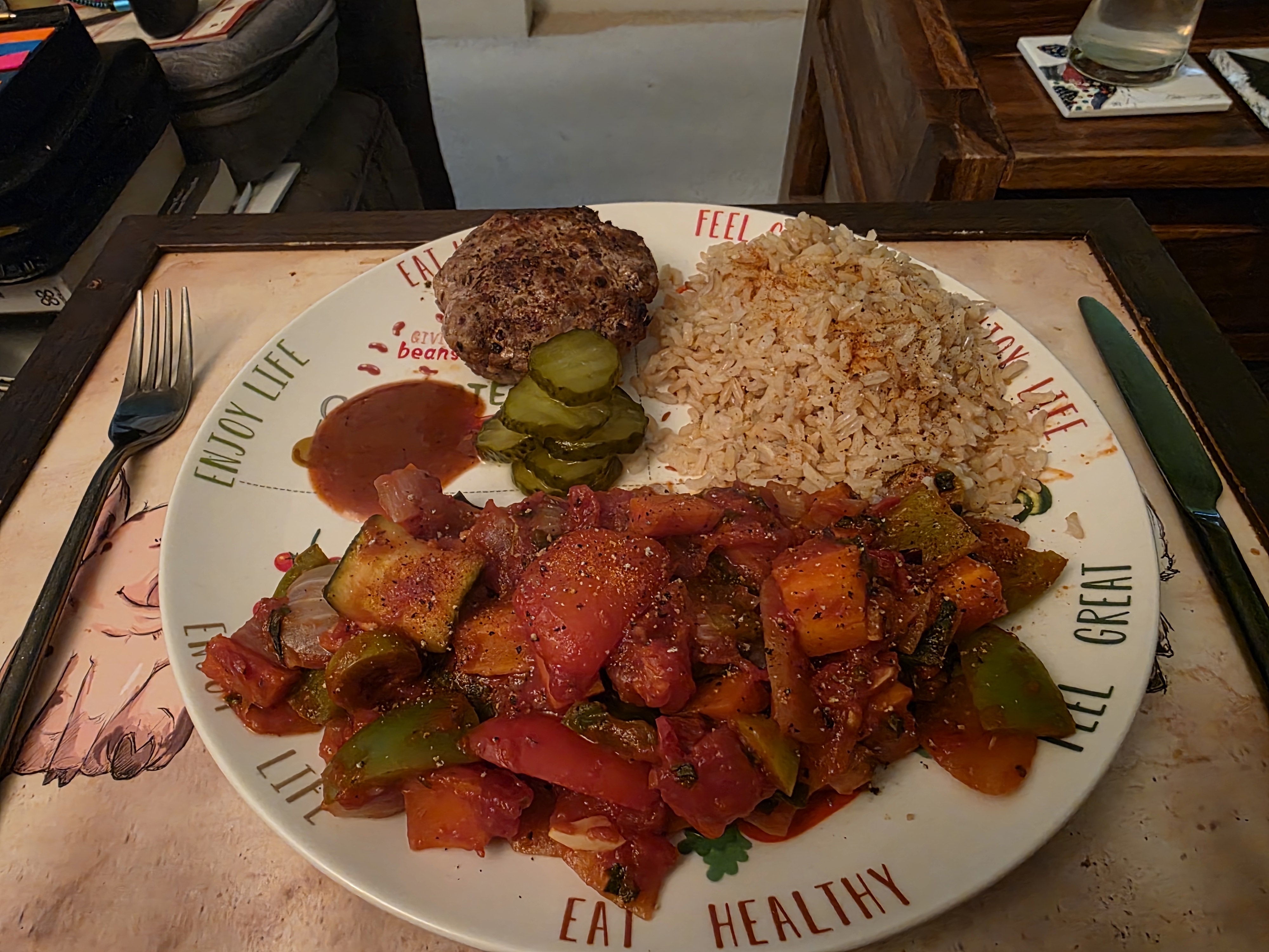 Beef Patty with Cajun Vegetable Ratatouille and Brown Rice