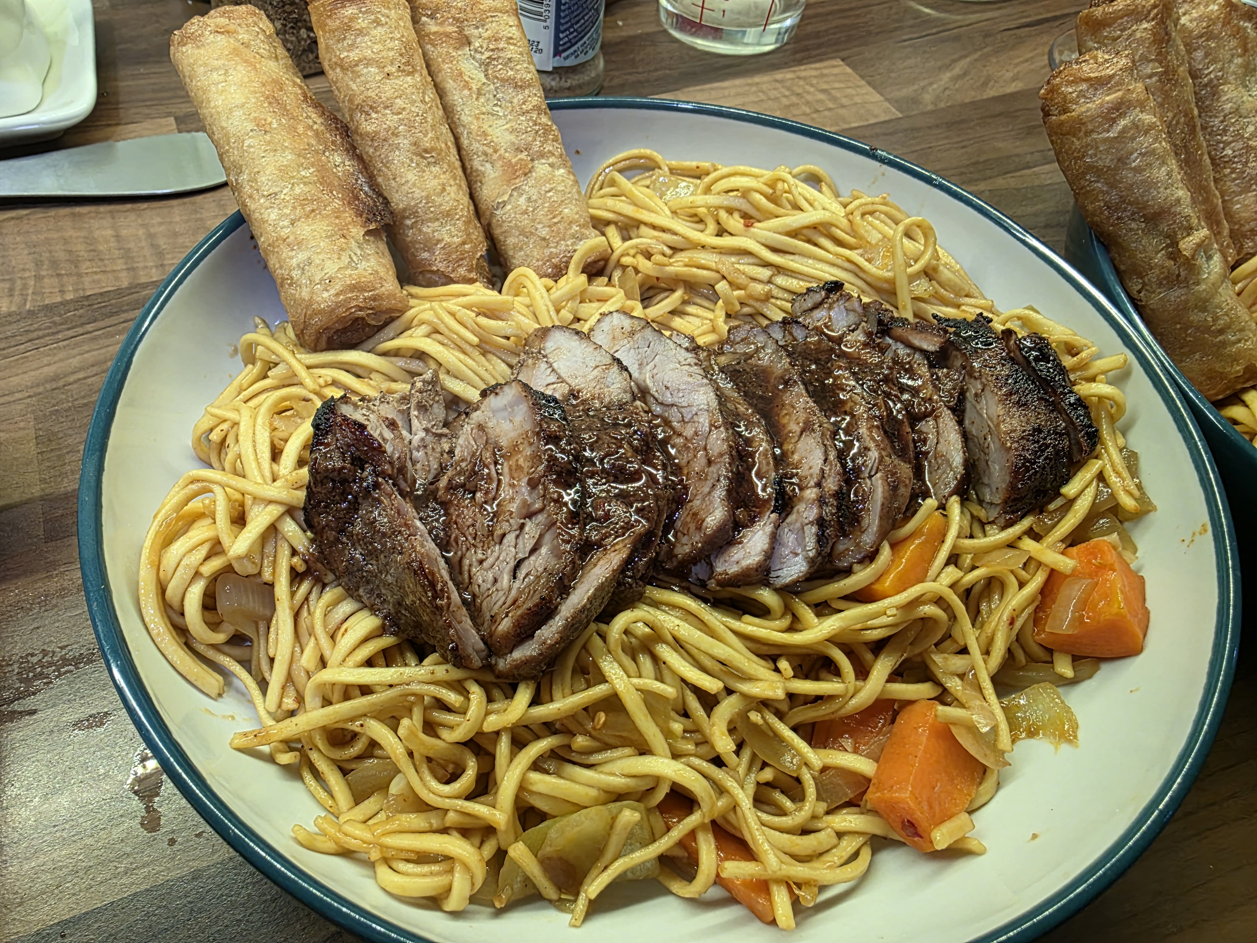 Char Siu Pork with Egg Noodles and Spring Rolls