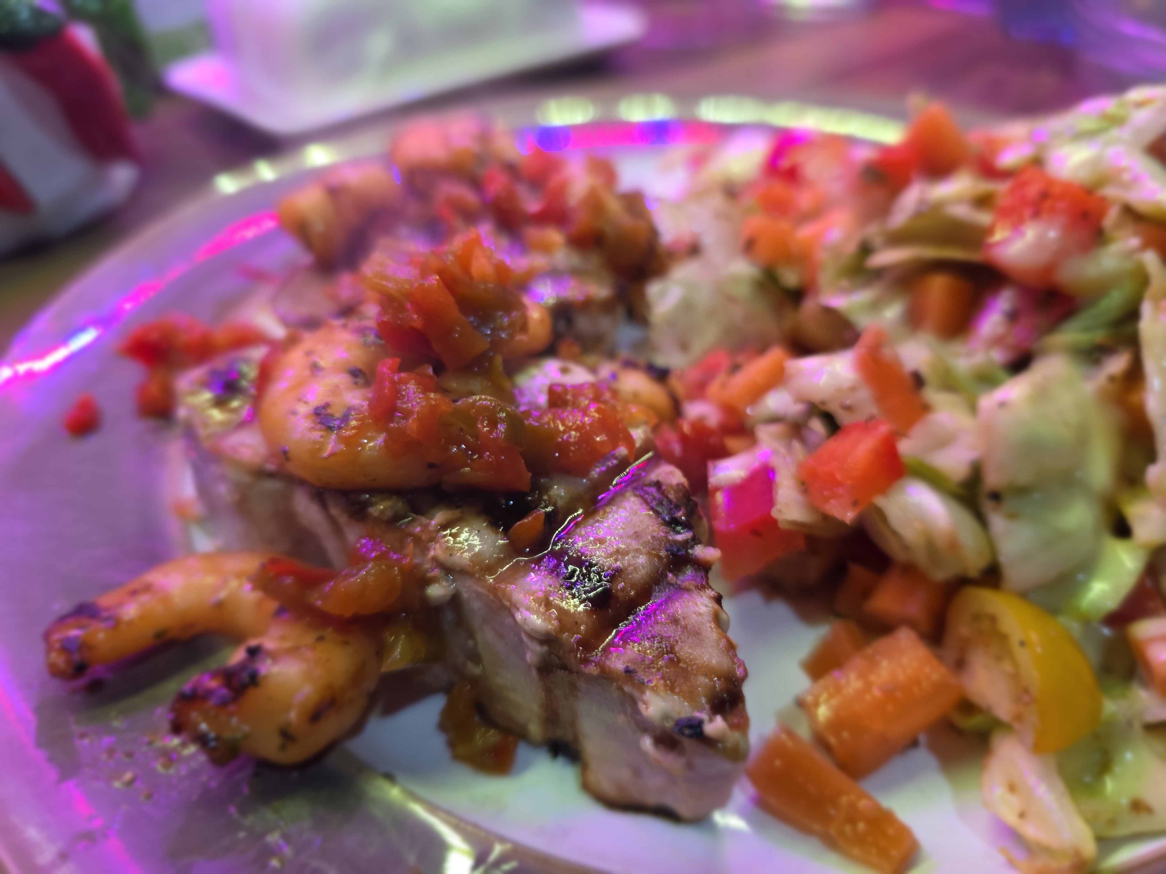 Grilled Swordfish with Garlic Prawns and Tomato Salsa