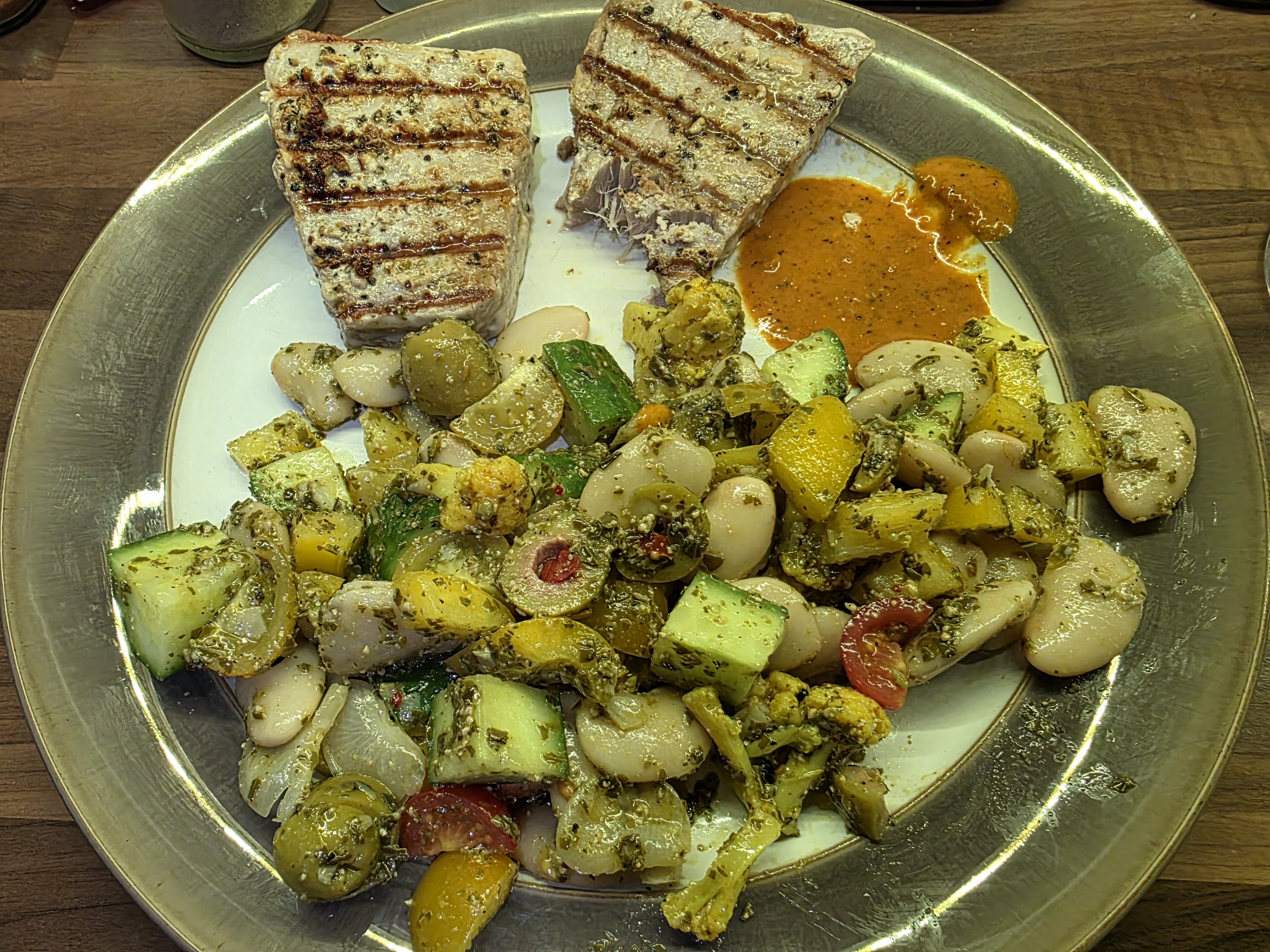 Grilled Tuna Steaks with Mediterranean Bean Salad and Romesco Sauce