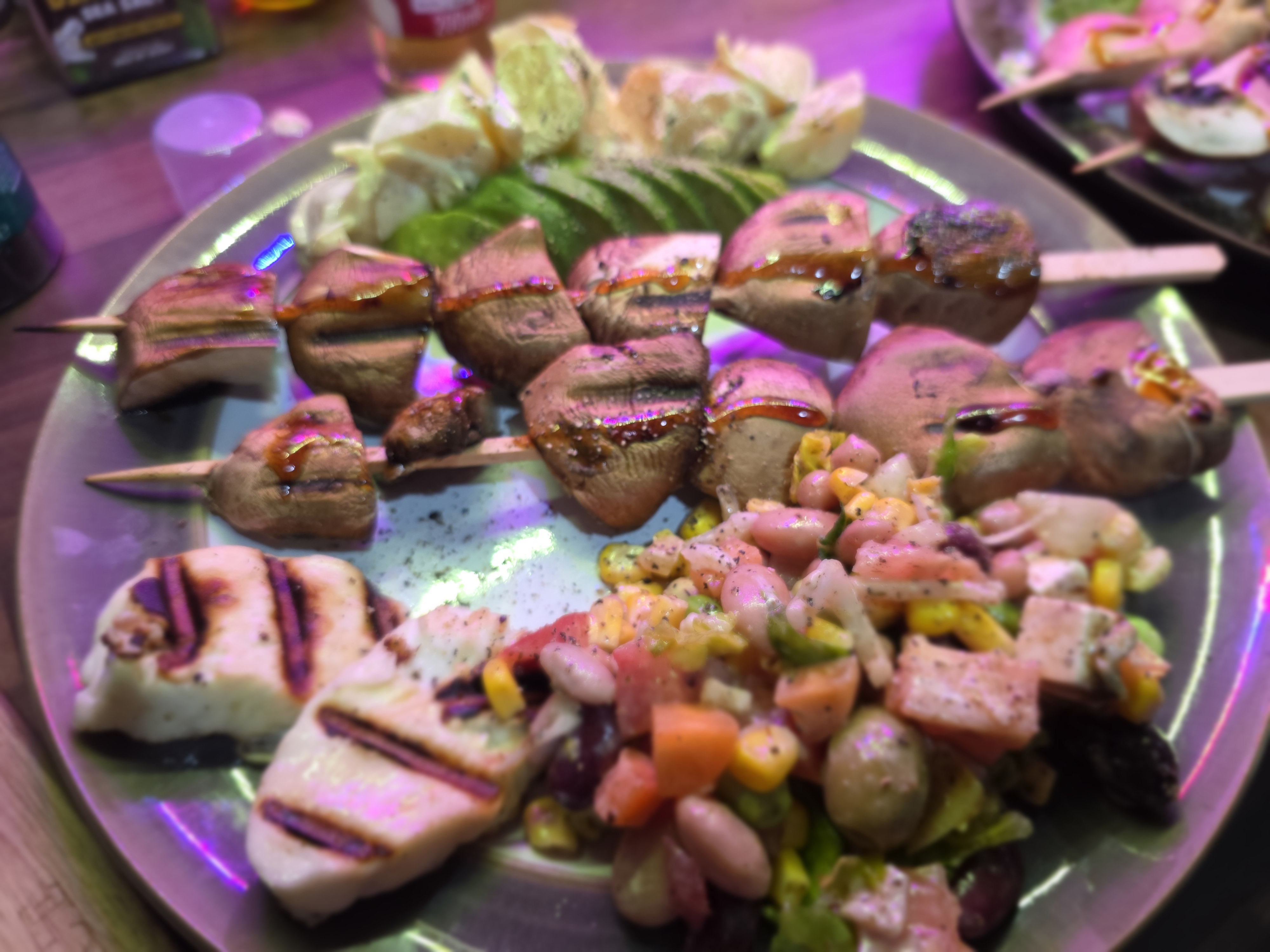 Grilled Halloumi and Mushroom Skewers with Mixed Bean Salad