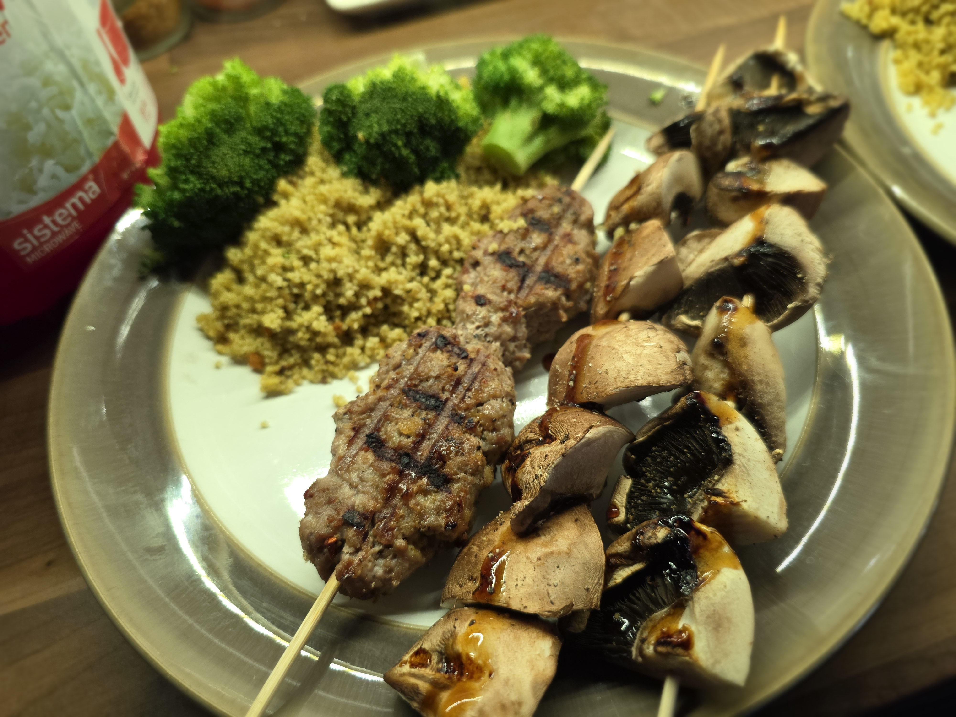 Lamb Kofta and Mushroom Skewers with Herbed Couscous and Broccoli