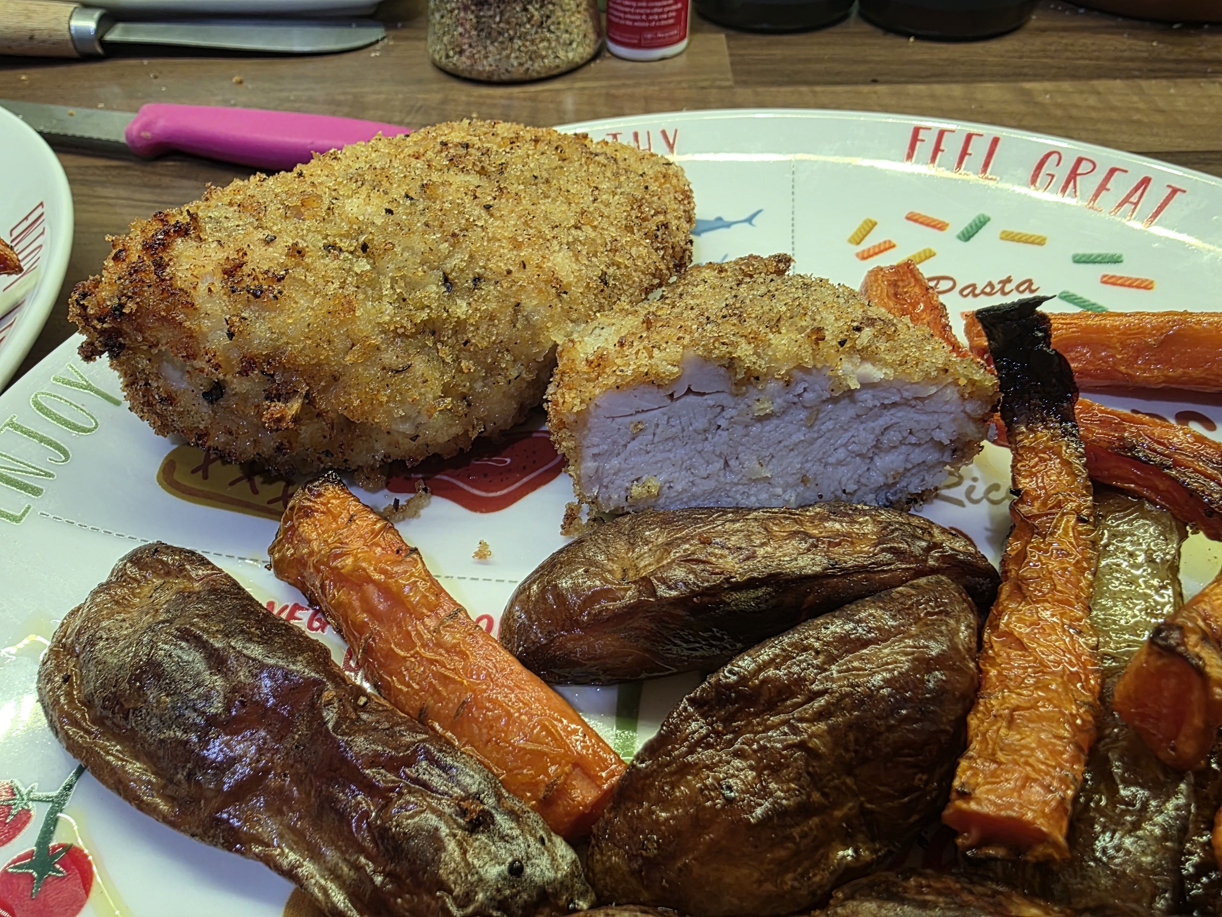 Panko-Crusted Chicken with Roasted Purple Potatoes and Honey Carrots