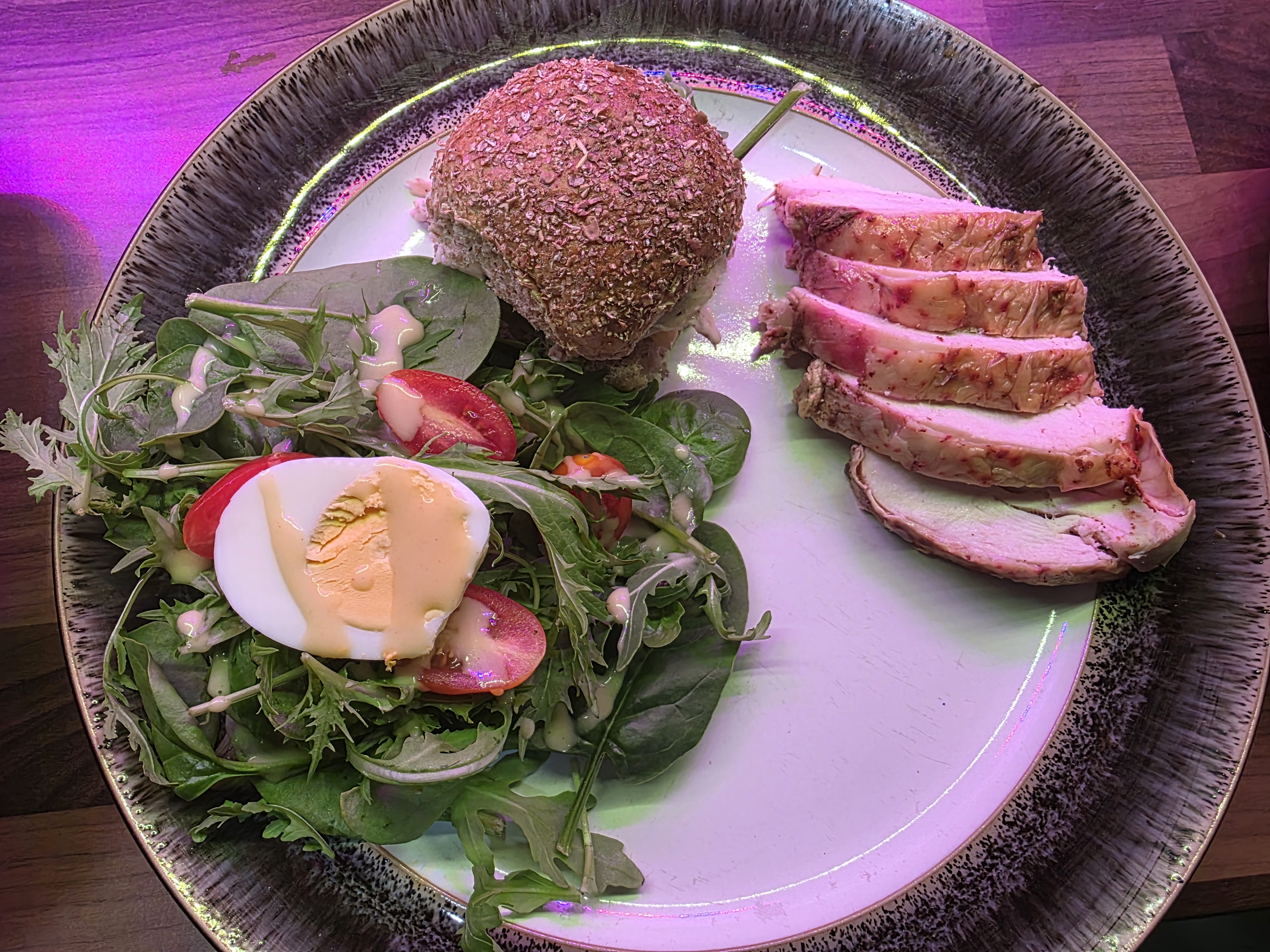 Seed-Crusted Goat's Cheese Ball with Rare Duck Breast and Garden Salad