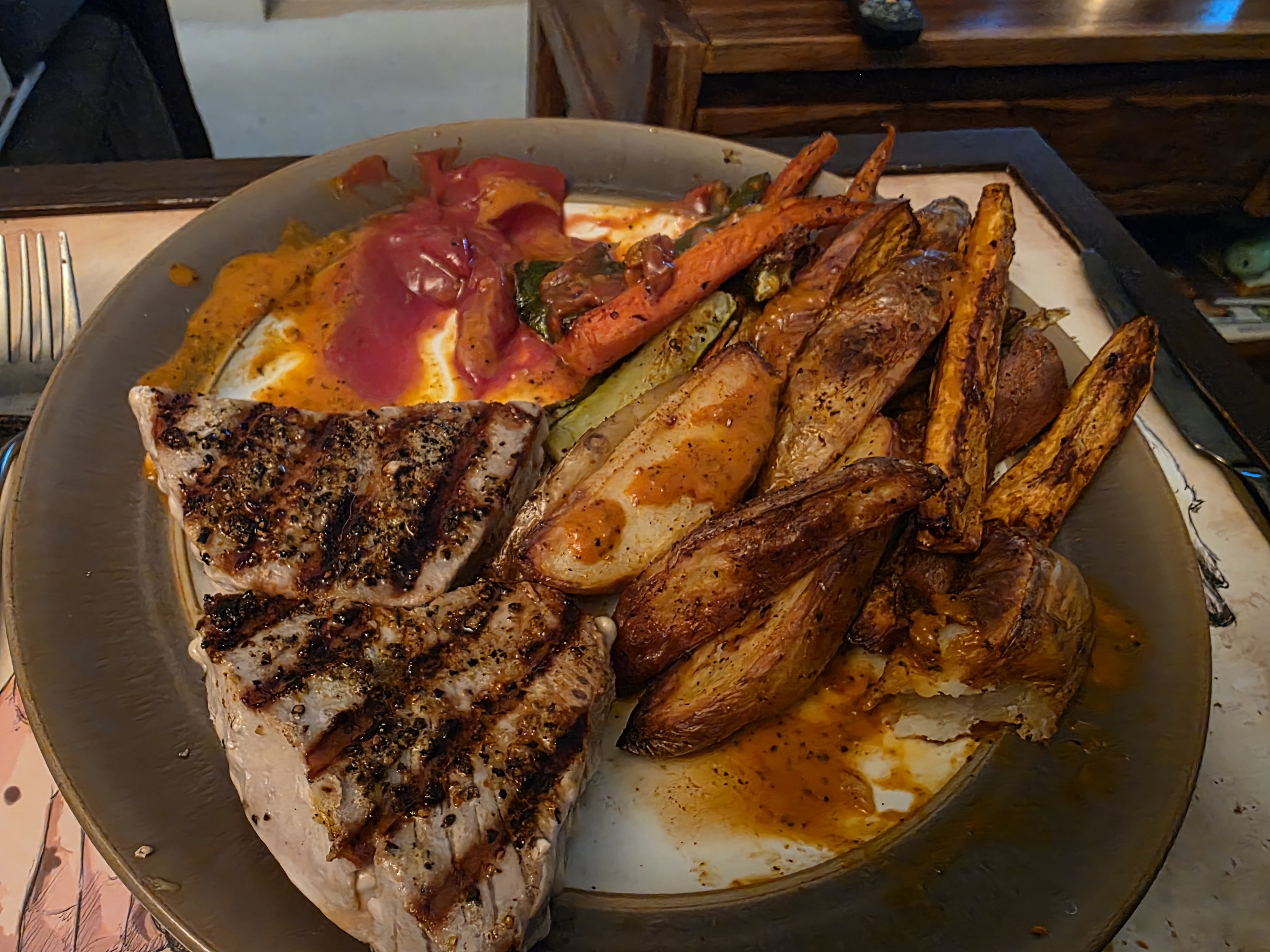 Grilled Tuna Steak with Harissa Roasted Potatoes and Vegetables
